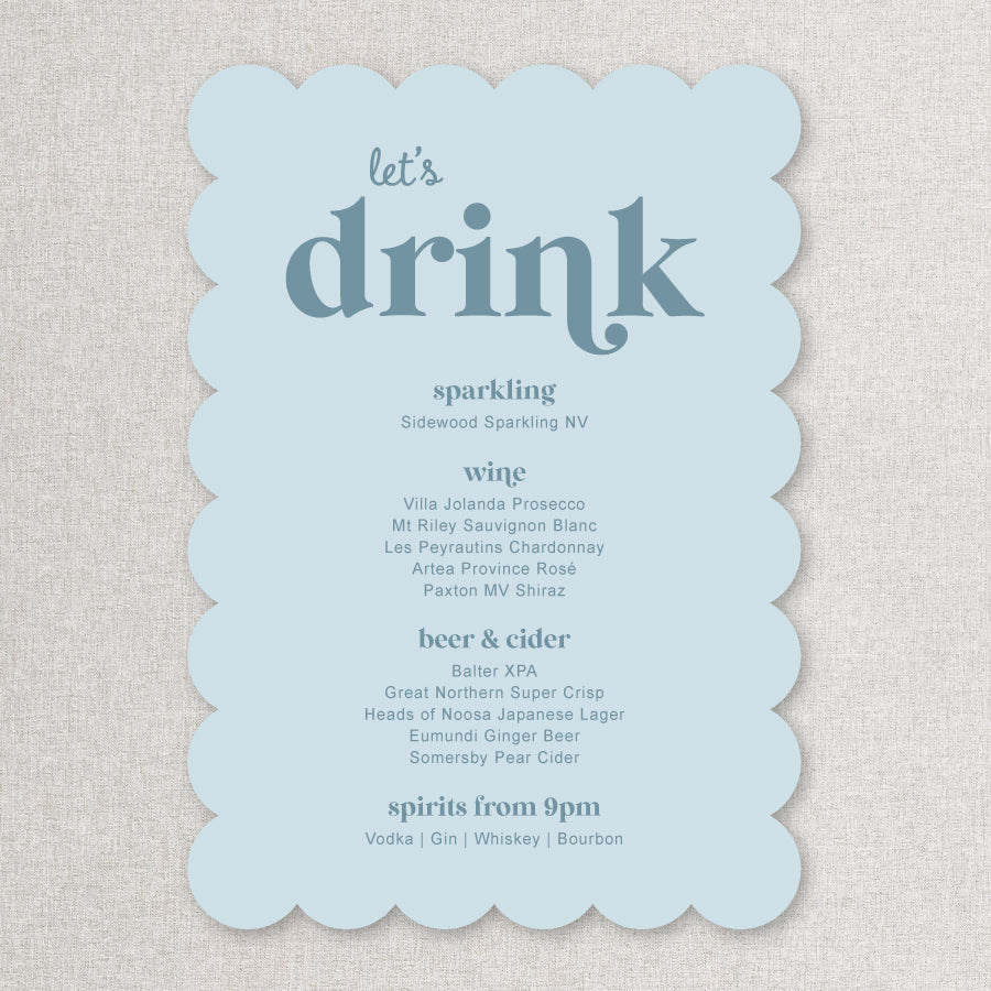 Scallop shape wedding bar sign in modern retro style in blue printed in Australia on foamboard or acrylic