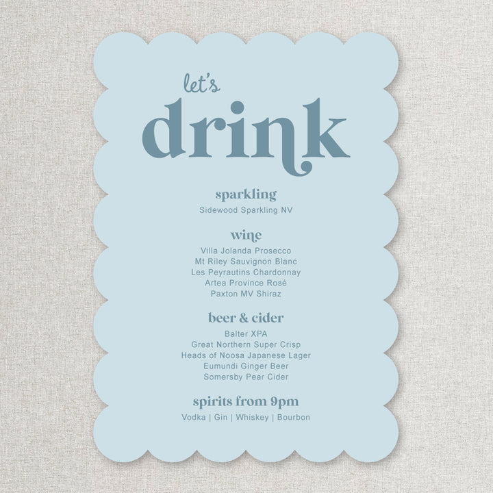 Scallop shape wedding bar sign in modern retro style in blue printed in Australia on foamboard or acrylic