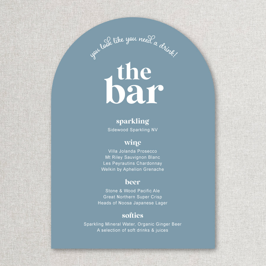 Wedding bar sign in modern retro style in blue and white printed in Australia on foamboard or acrylic
