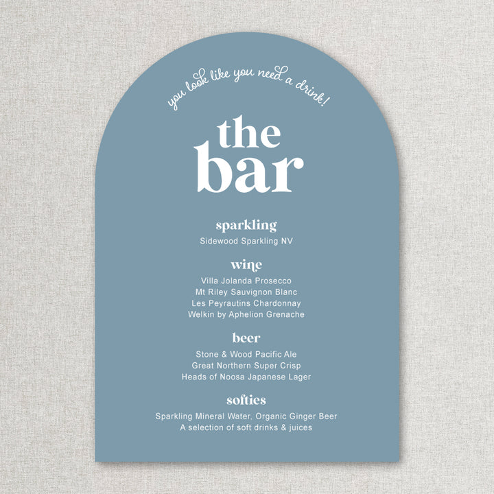 Wedding bar sign in modern retro style in blue and white printed in Australia on foamboard or acrylic