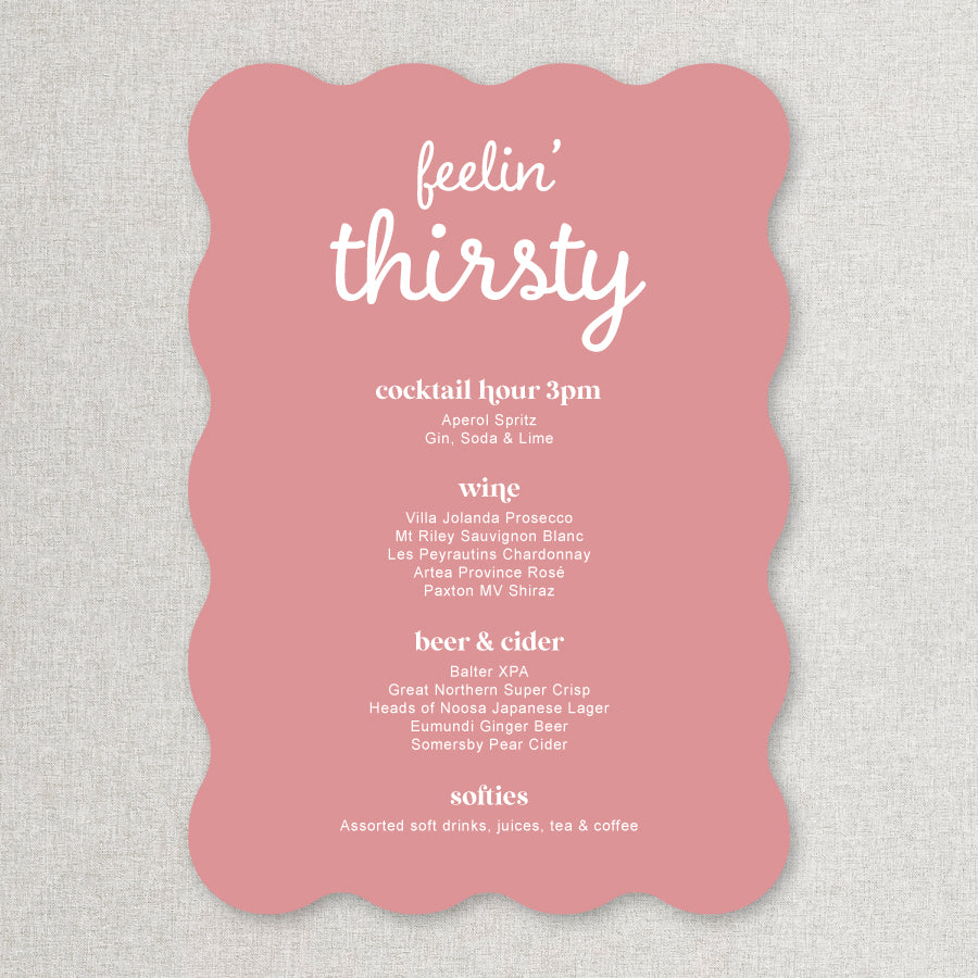Wavy shape Wedding bar sign in modern retro style in pink and white printed in Australia on foamboard or acrylic