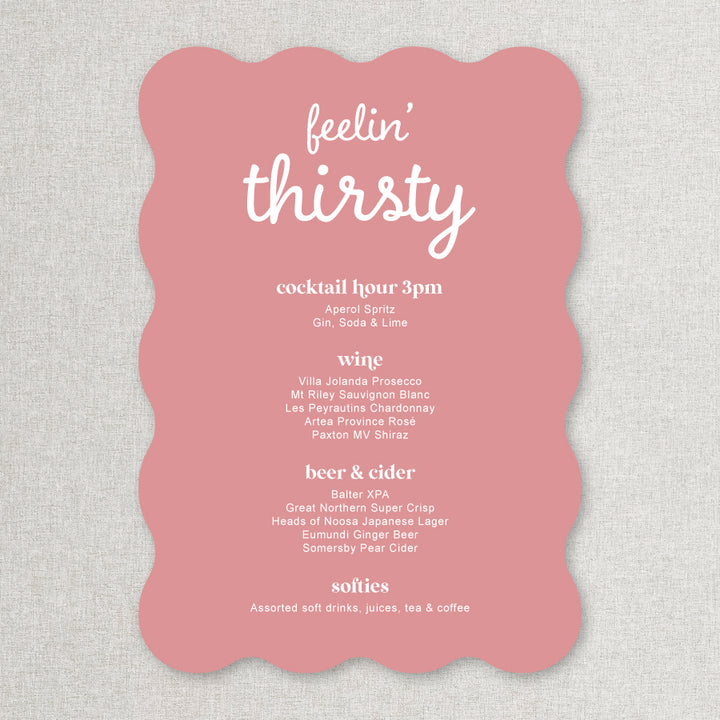 Wavy shape Wedding bar sign in modern retro style in pink and white printed in Australia on foamboard or acrylic