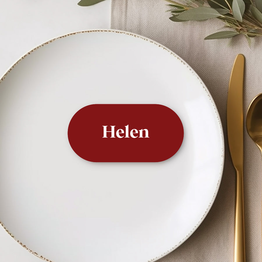 Double arch shape wedding place cards die cut and printed in Australia on Cherry red card.