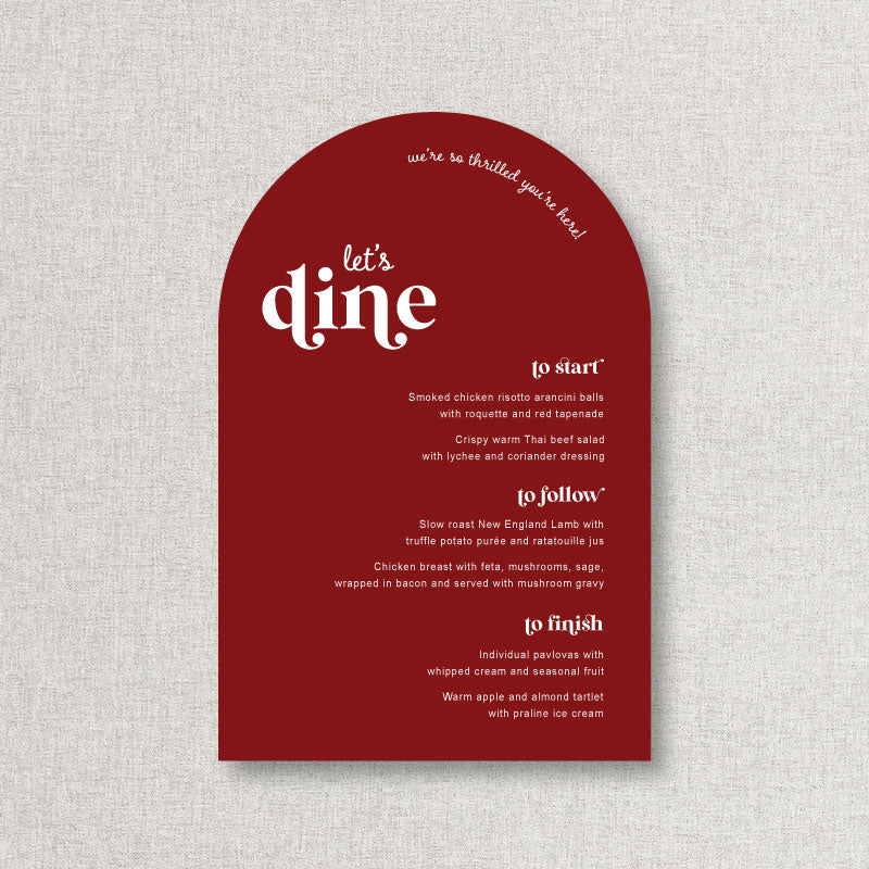 Personalised retro modern wedding menu designed and printed by Peach Perfect in Australia in Cherry Red and white