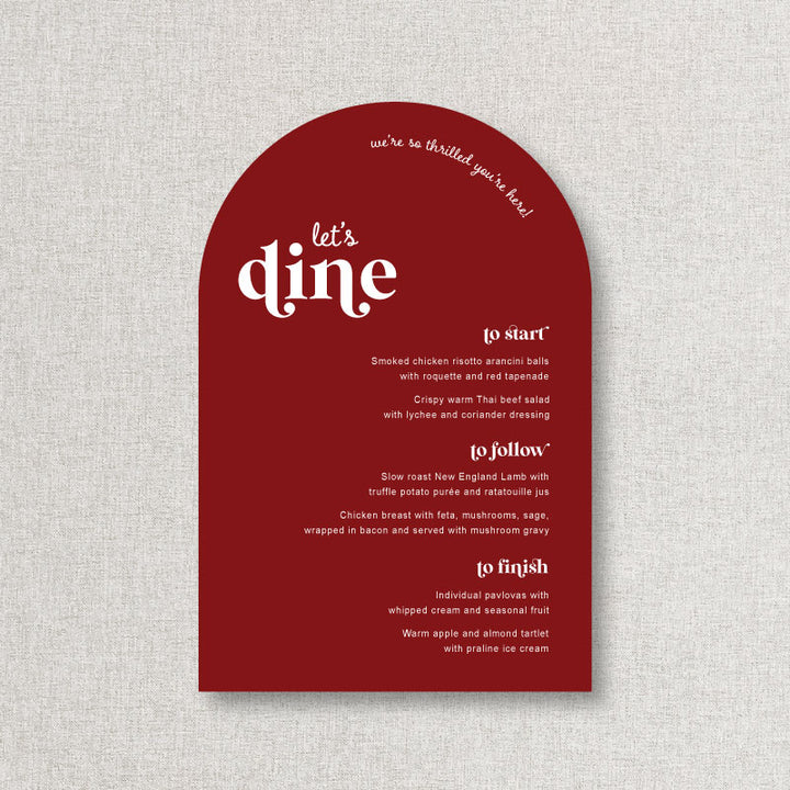 Personalised retro modern wedding menu designed and printed by Peach Perfect in Australia in Cherry Red and white