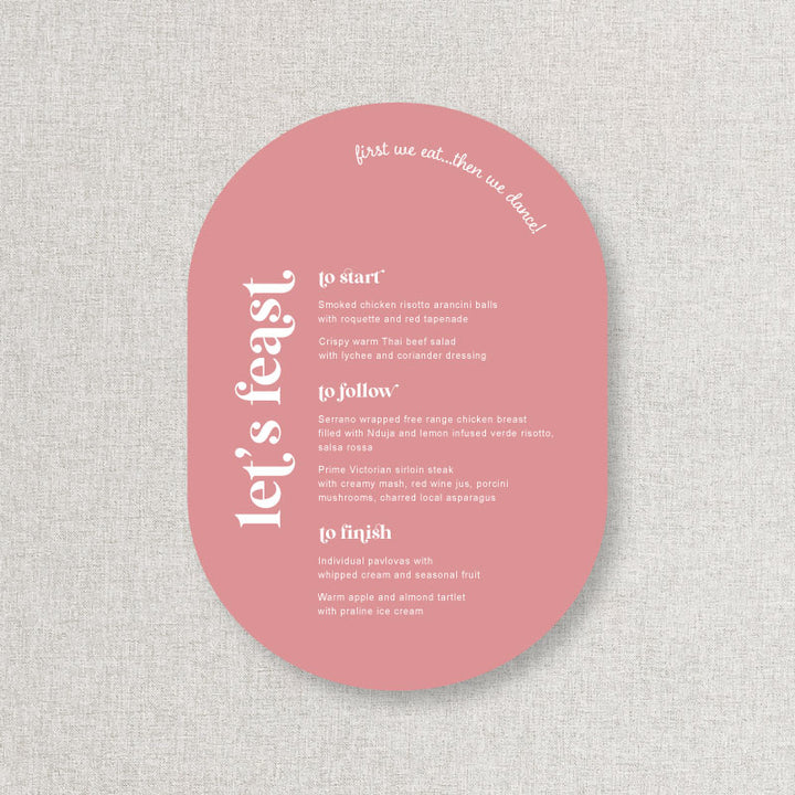 Pink wedding menu with white text in modern retro style printed in Australia, die cut double arch shape