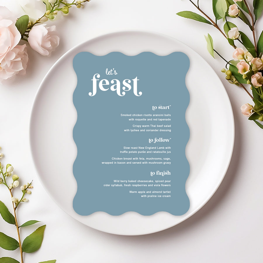 Blue and white wedding menu card die cut to wavy wiggle shape and printed in Australia
