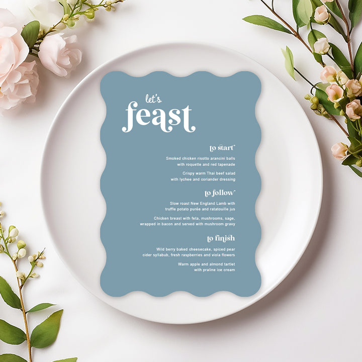 Blue and white wedding menu card die cut to wavy wiggle shape and printed in Australia
