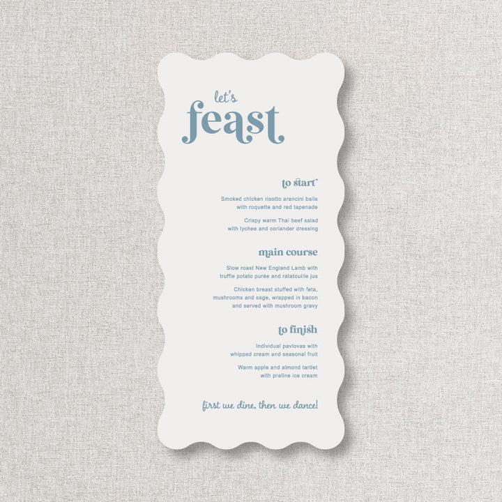 Blue and white wedding menu card die cut to wavy wiggle shape and printed in Australia

