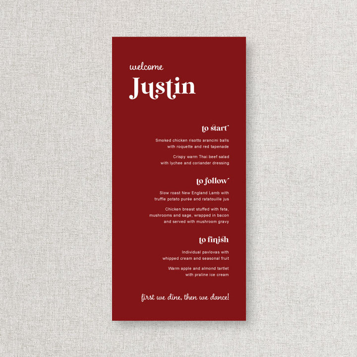 Cherry red wedding menu with white text in modern retro style printed in Australia.