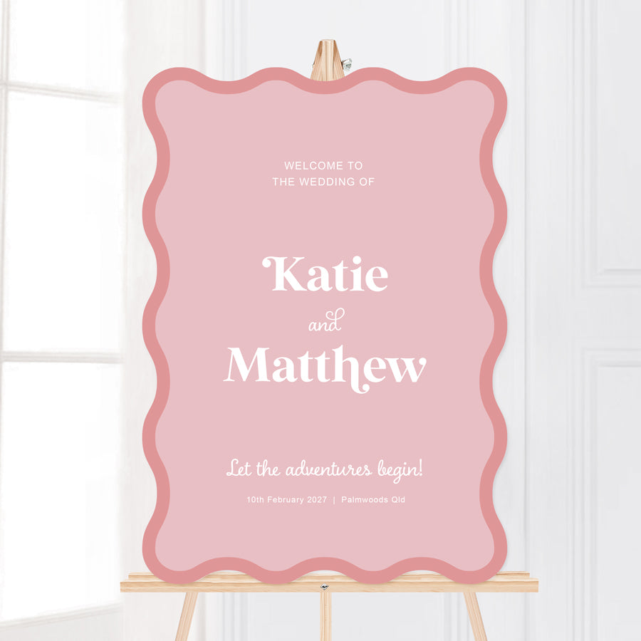 Pink and white wavy shape wedding Welcome sign board printed in Australia