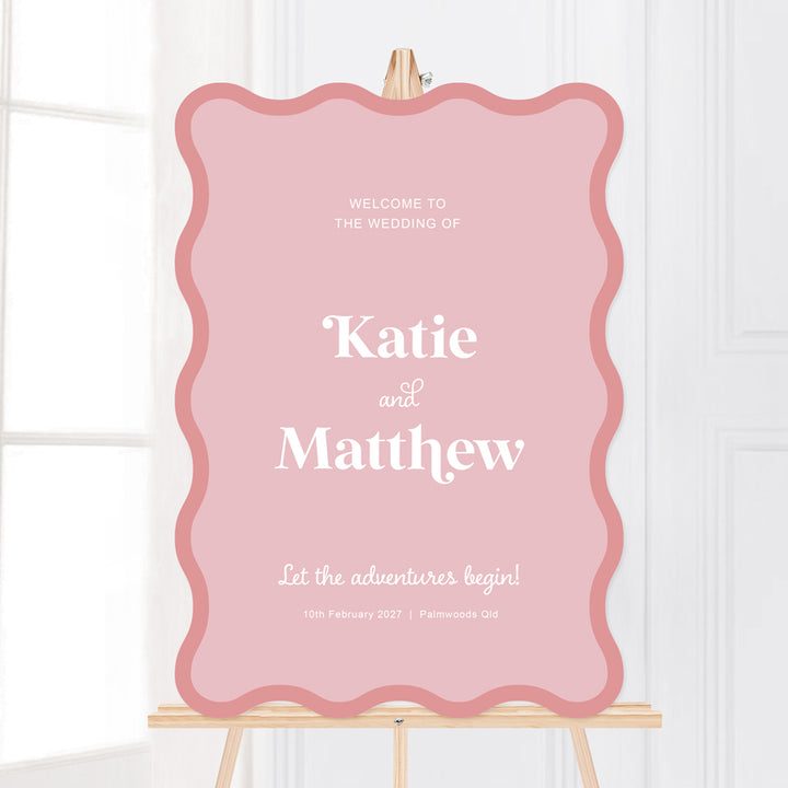 Pink and white wavy shape wedding Welcome sign board printed in Australia