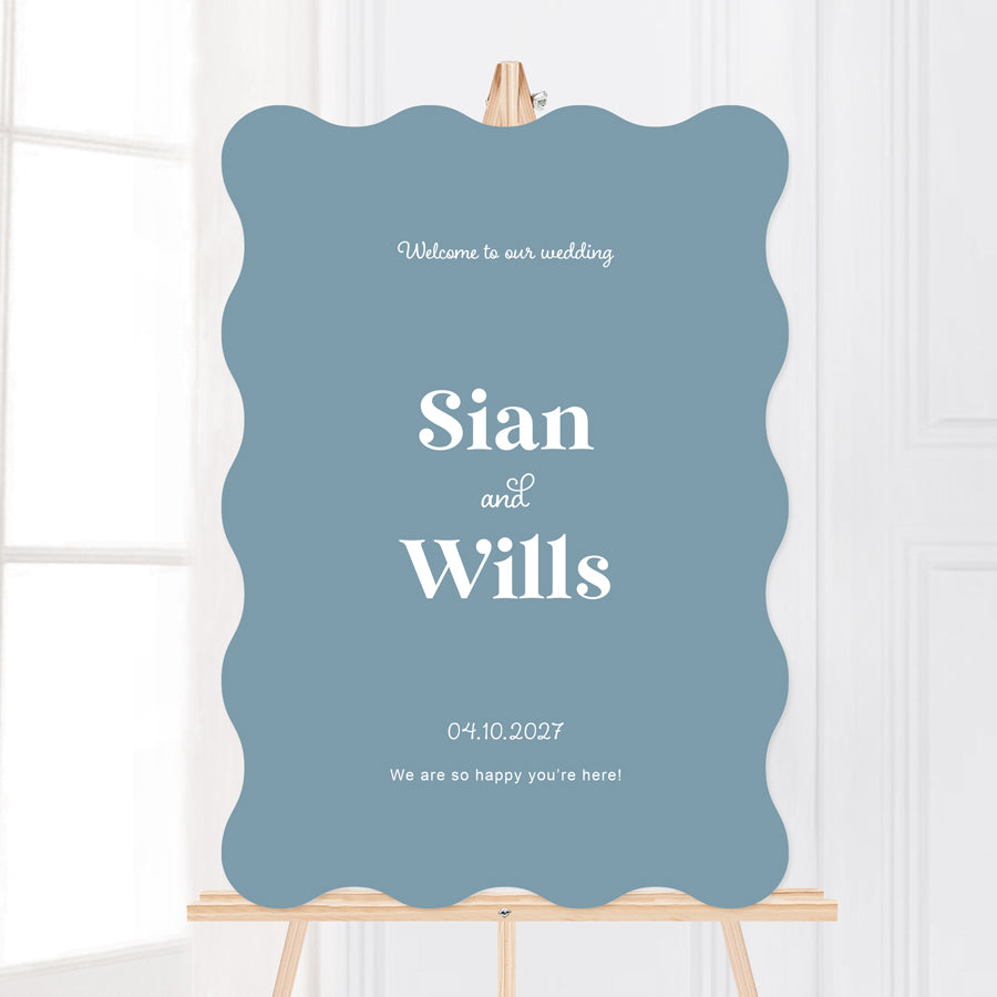 Blue and white wavy laser cut shape wedding Welcome sign board printed in Australia