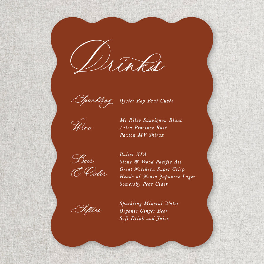Wavy shape calligraphy wedding drinks or bar sign in terracotta red and white. Designed and printed in Australia.