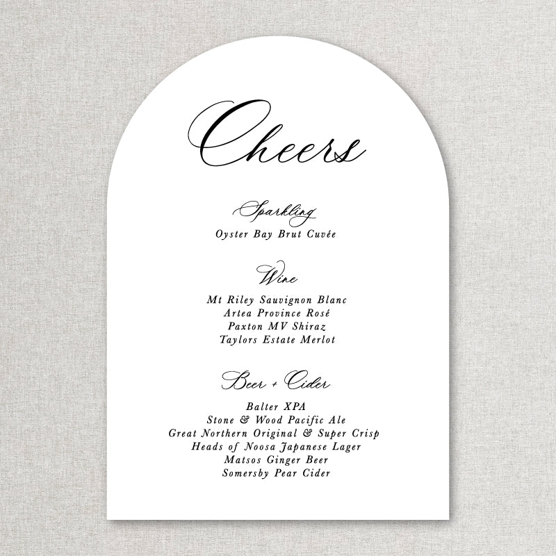 Calligraphy arch shape wedding bar sign in black and white with Cheers heading. Printed in Australia.