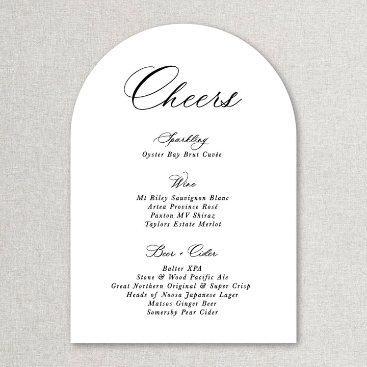 Calligraphy arch shape wedding bar sign in black and white with Cheers heading. Printed in Australia.