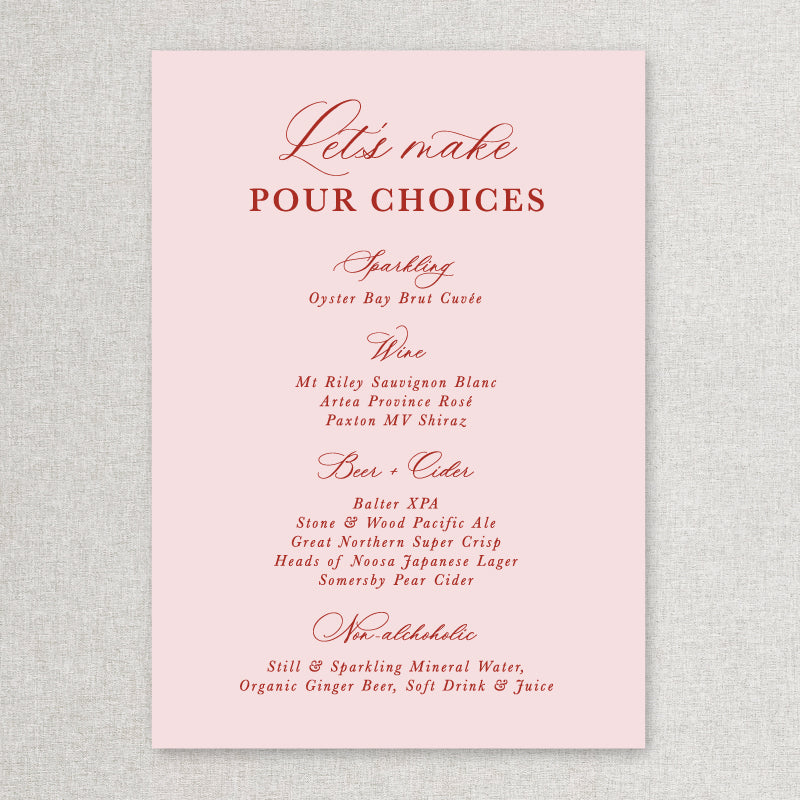 Calligraphy wedding bar sign in pink and terracotta red. Printed in Australia by Peach Perfect