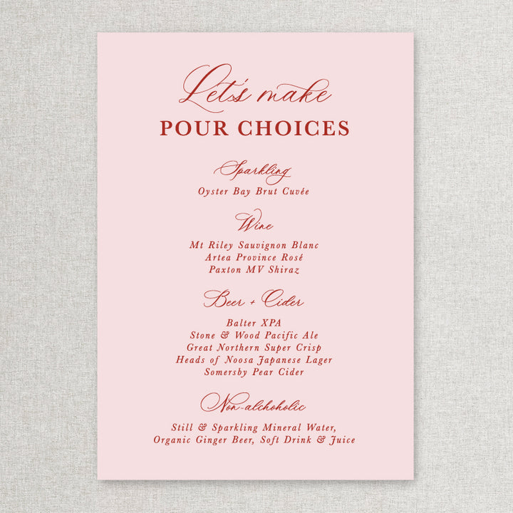 Calligraphy wedding bar sign in pink and terracotta red. Printed in Australia by Peach Perfect
