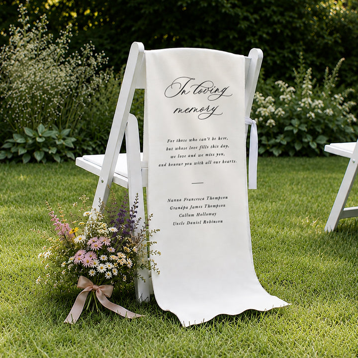 Calligraphy wedding in loving memory sign printed on linen or satin material fabric in Australia by Peach Perfect