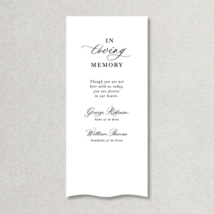 Calligraphy wedding in loving memory sign printed on linen or satin material fabric in Australia.
