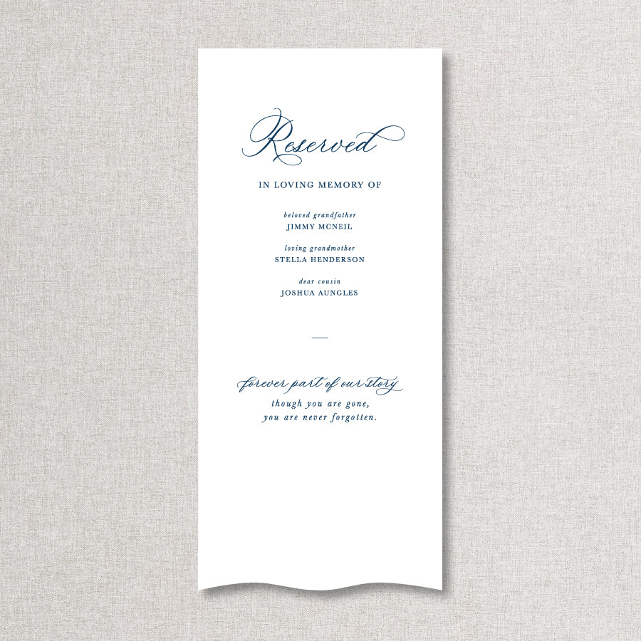Calligraphy wedding in loving memory sign printed on linen or satin material fabric in Australia. Navy blue.