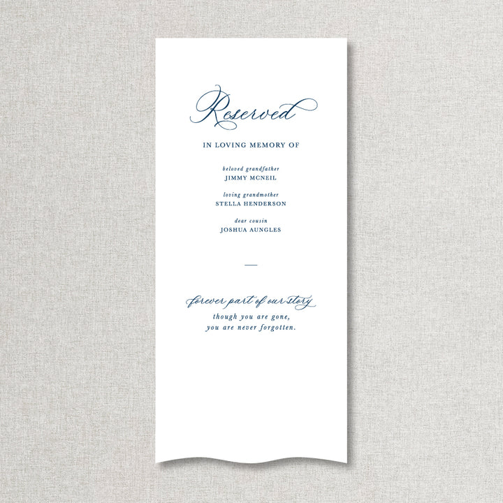 Calligraphy wedding in loving memory sign printed on linen or satin material fabric in Australia. Navy blue.