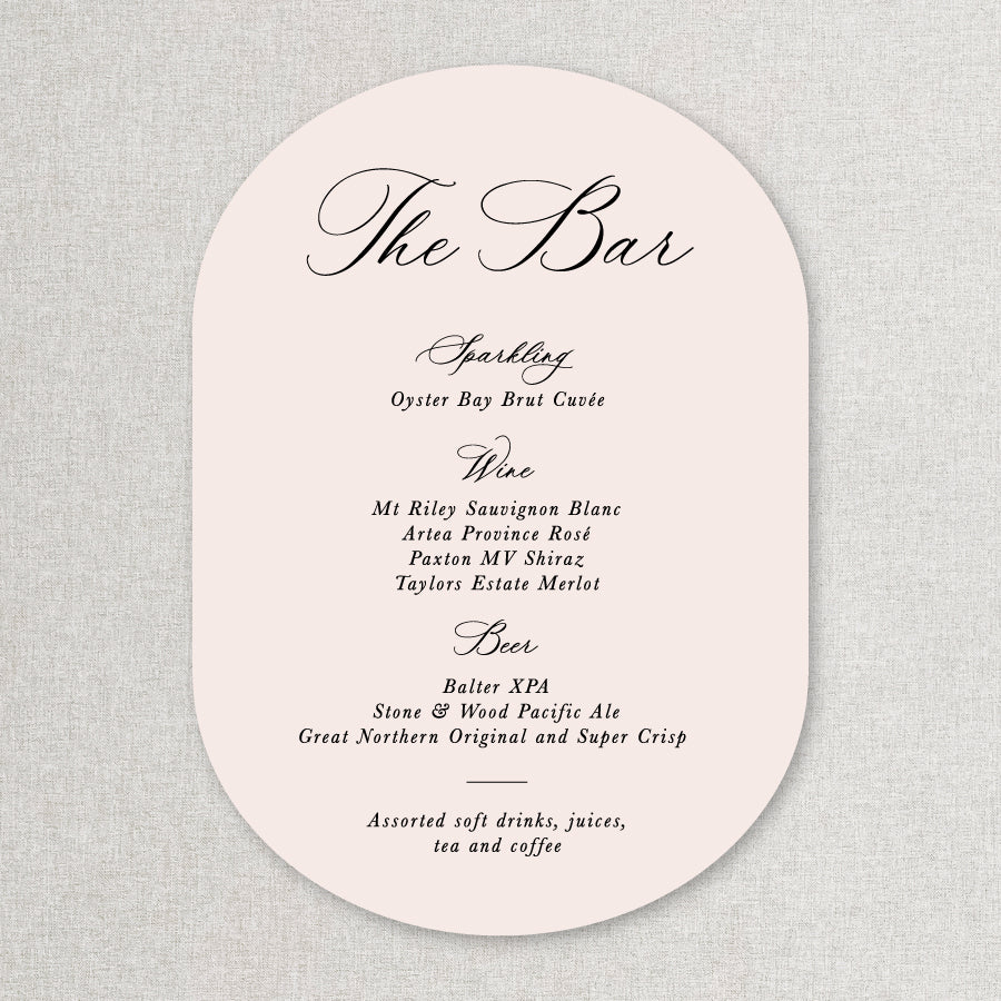 Calligraphy double arch shape wedding drinks or bar sign in pink. Printed in Australia.