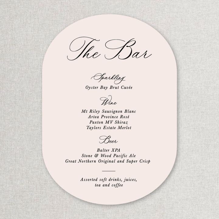 Calligraphy double arch shape wedding drinks or bar sign in pink. Printed in Australia.