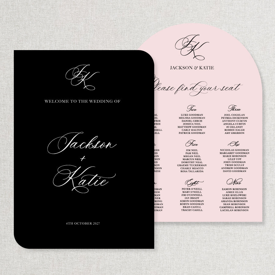 Wedding welcome sign and seating chart bundle discount in pink, black and white colour theme with traditional calligraphy and monogram