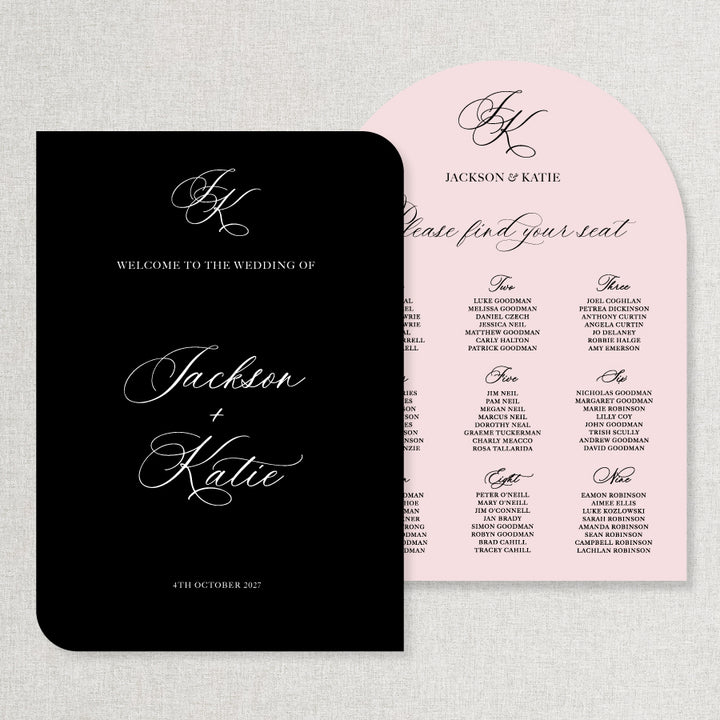 Wedding welcome sign and seating chart bundle discount in pink, black and white colour theme with traditional calligraphy and monogram