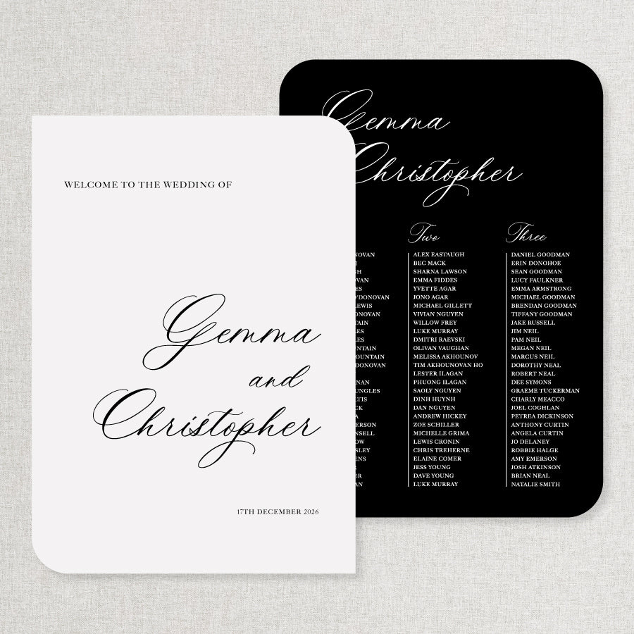 Wedding welcome sign and seating chart bundle discount in black and white with traditional calligraphy