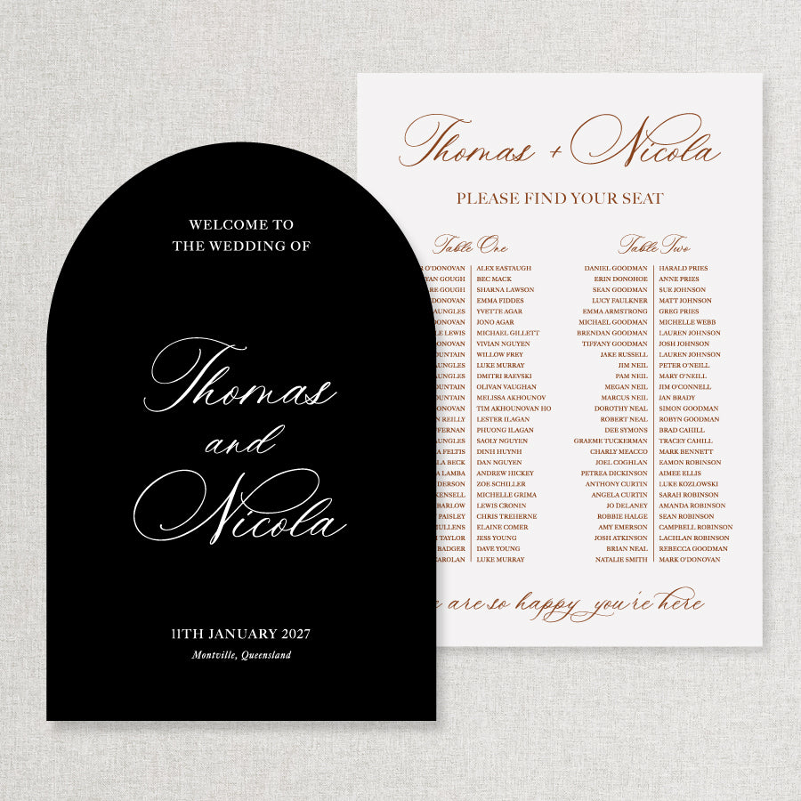 Wedding welcome sign and seating chart bundle discount in black and white arch shape with traditional calligraphy Australia.