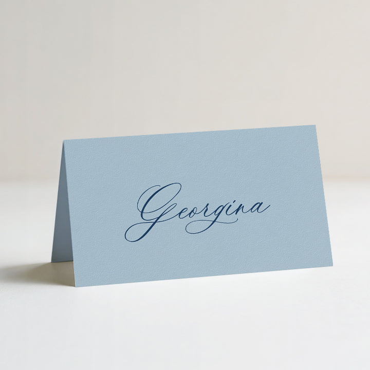 A light blue folding wedding place card with guest names printed in cursive calligraphy script in navy.