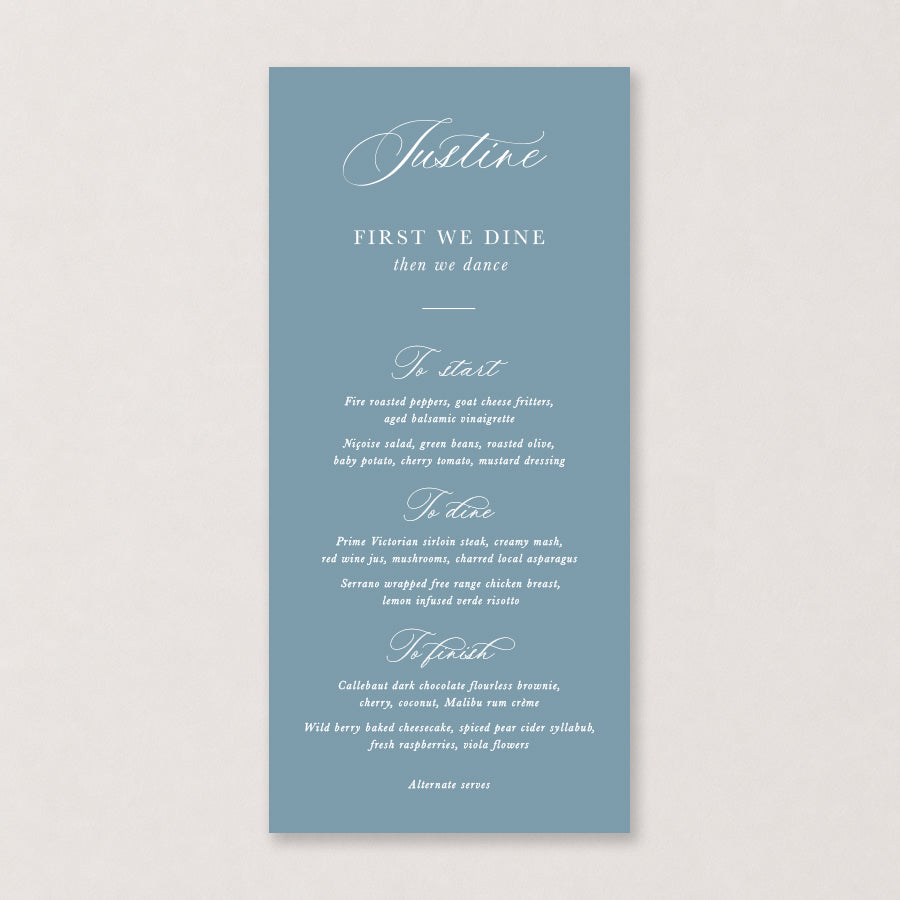 Powder blue wedding menu with elegant white calligraphy and rounded corners