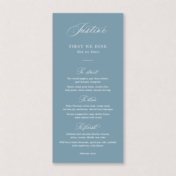 Powder blue wedding menu with elegant white calligraphy and rounded corners