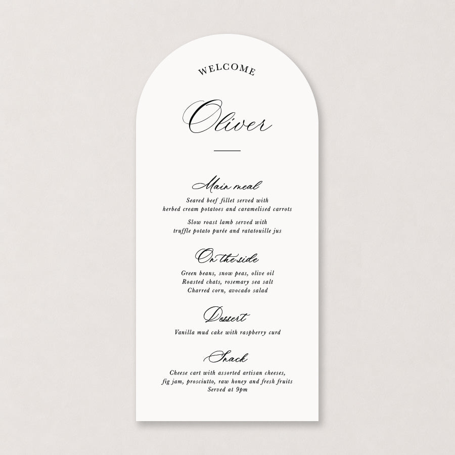 White wedding menu with black calligraphy and elegant minimalist typography