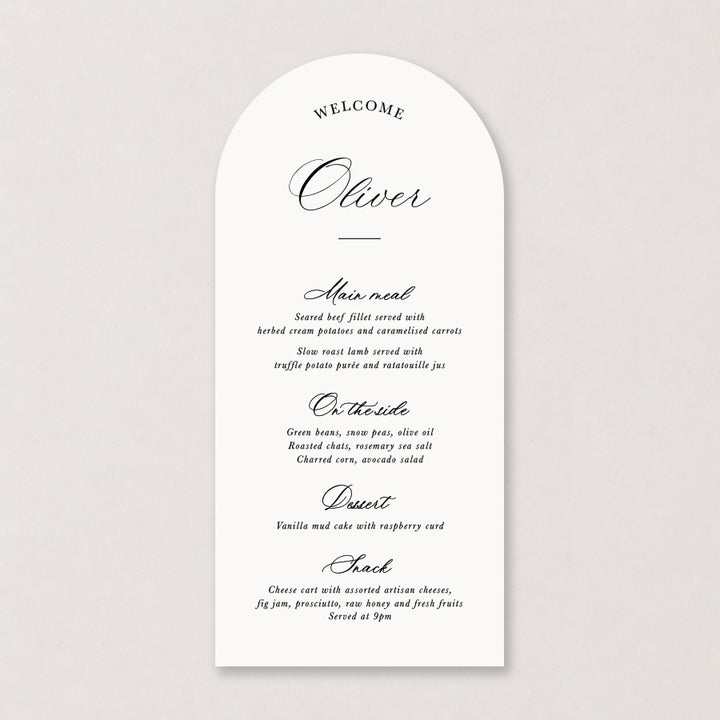 White wedding menu with black calligraphy and elegant minimalist typography