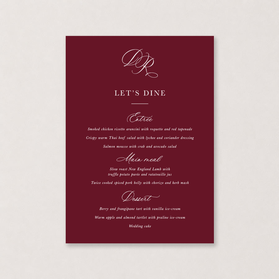 Burgundy wedding menu with elegant calligraphy and classic rectangular design