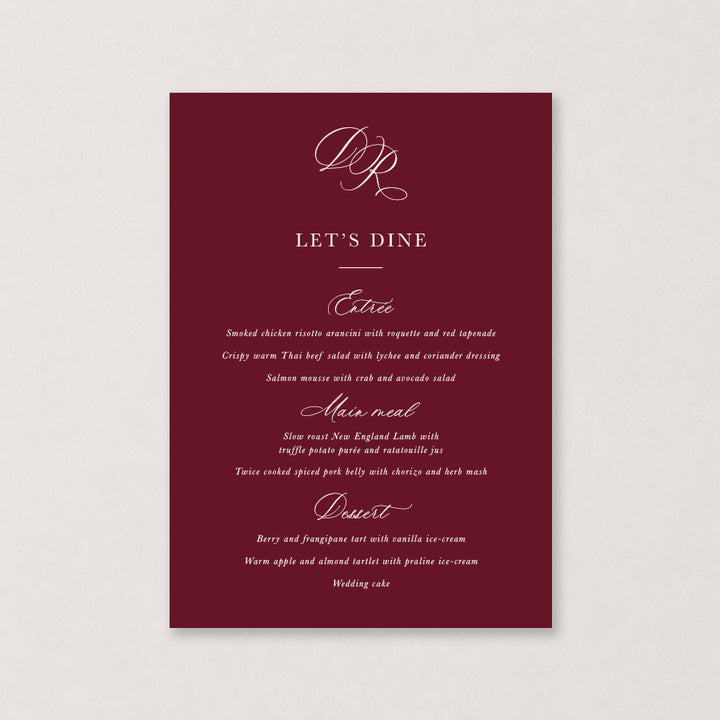 Burgundy wedding menu with elegant calligraphy and classic rectangular design