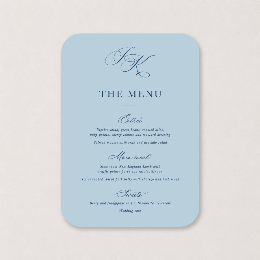 Sky blue wedding menu with elegant dark blue calligraphy and rounded corners