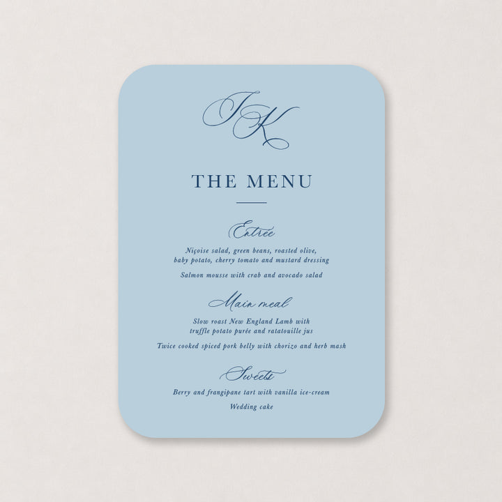 Sky blue wedding menu with elegant dark blue calligraphy and rounded corners