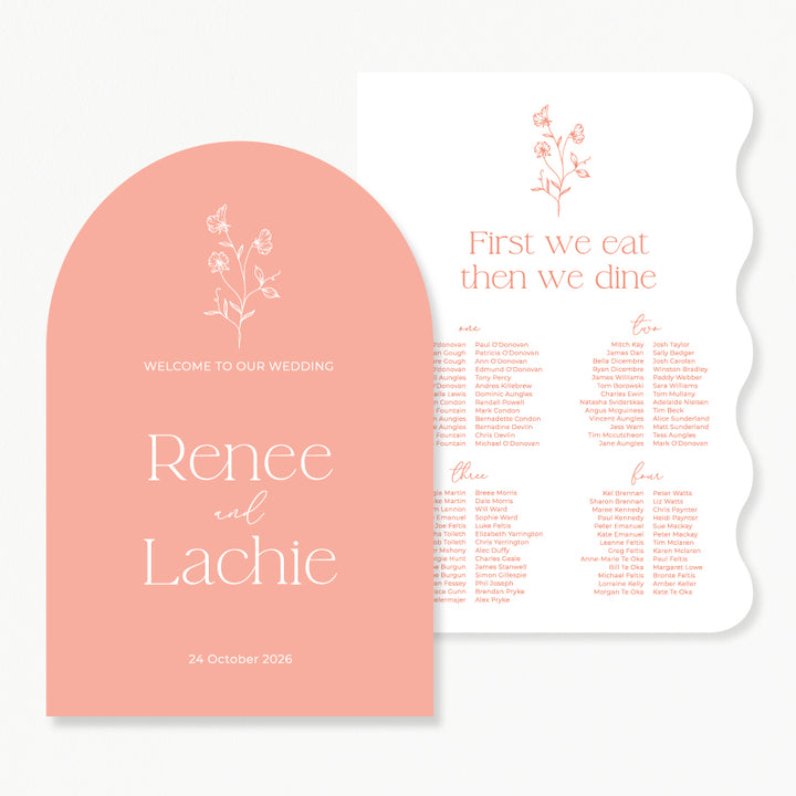 Wedding welcome sign and seating chart discounted bundle inspired by nature with hand drawn flower line art in peach and white. Australia.