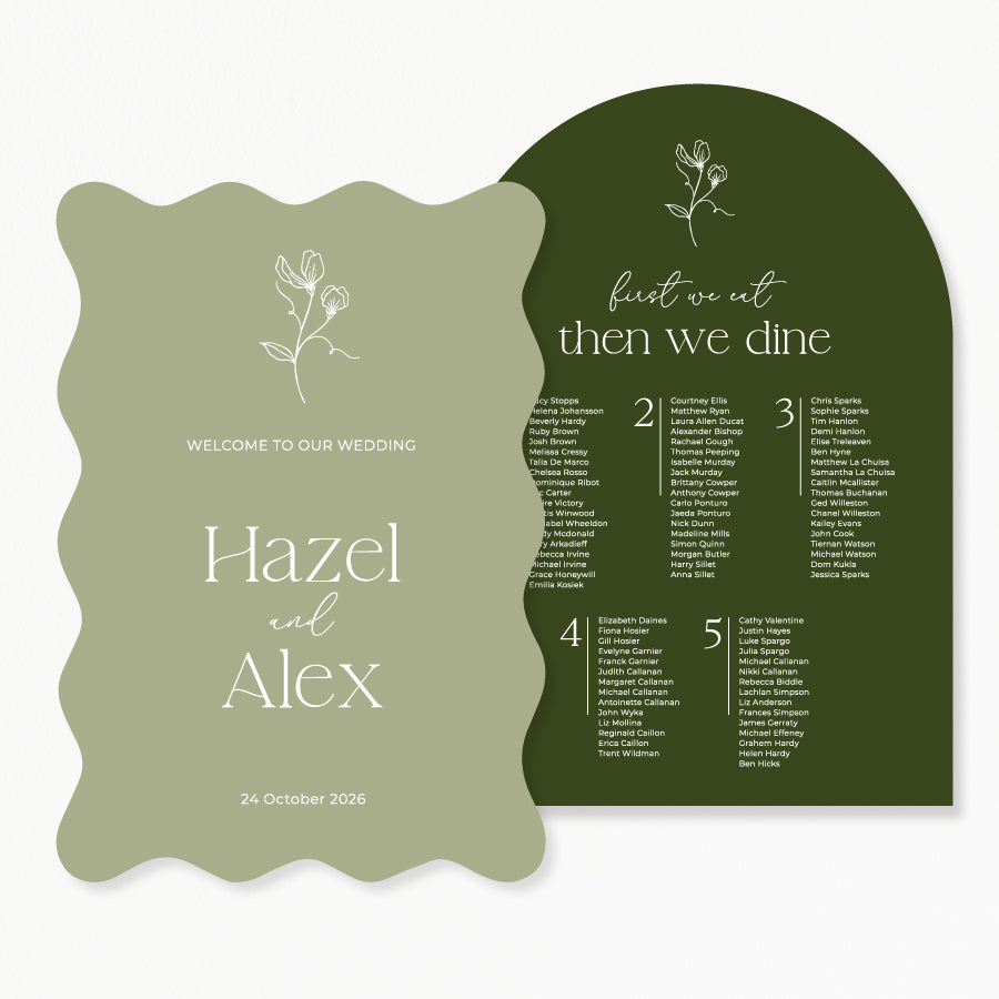 Wedding welcome sign and seating chart discounted bundle inspired by nature with hand drawn flower line art in green and white. Australia.