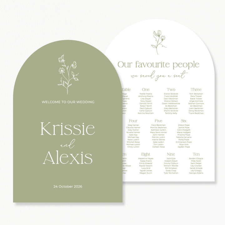 Arch shape wedding welcome sign and seating chart discounted bundle inspired by nature with hand drawn flower line art in green and white. Australia.