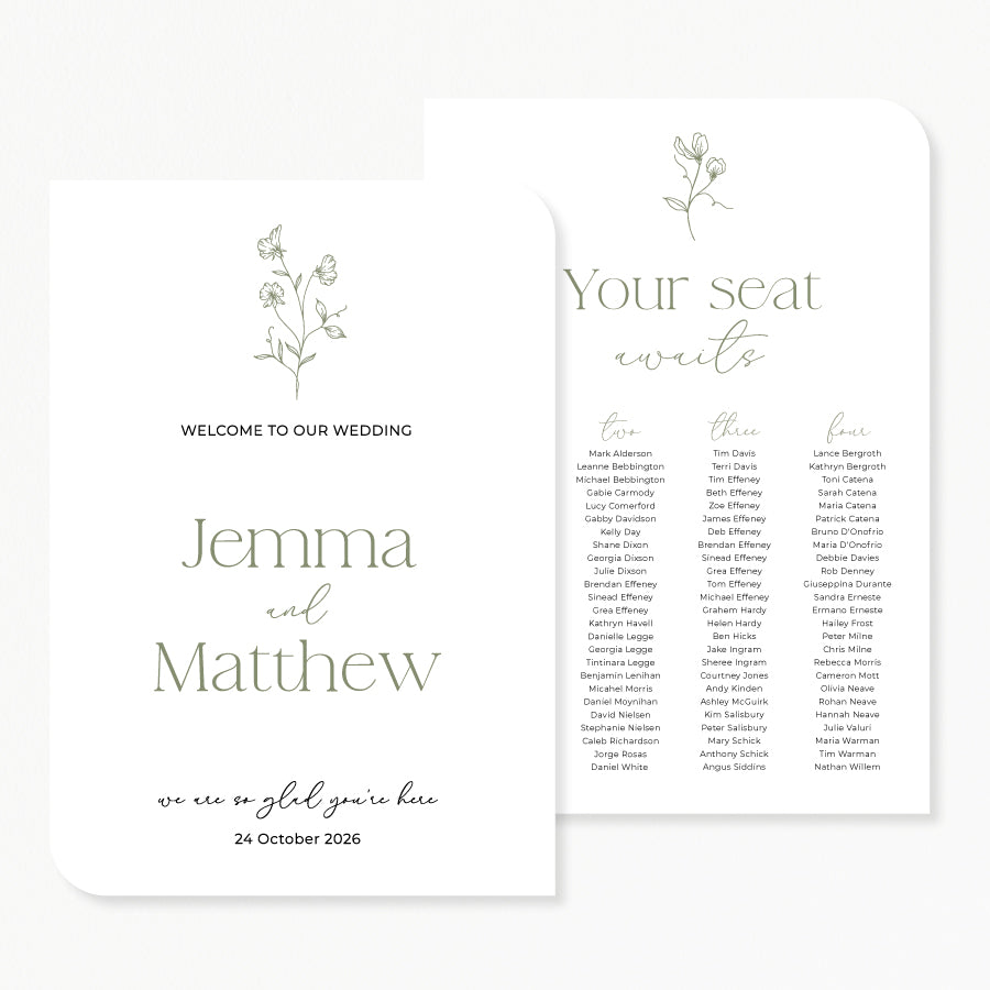 Wedding welcome sign and seating chart discounted bundle inspired by nature with hand drawn flower line art in green and white. Australia.