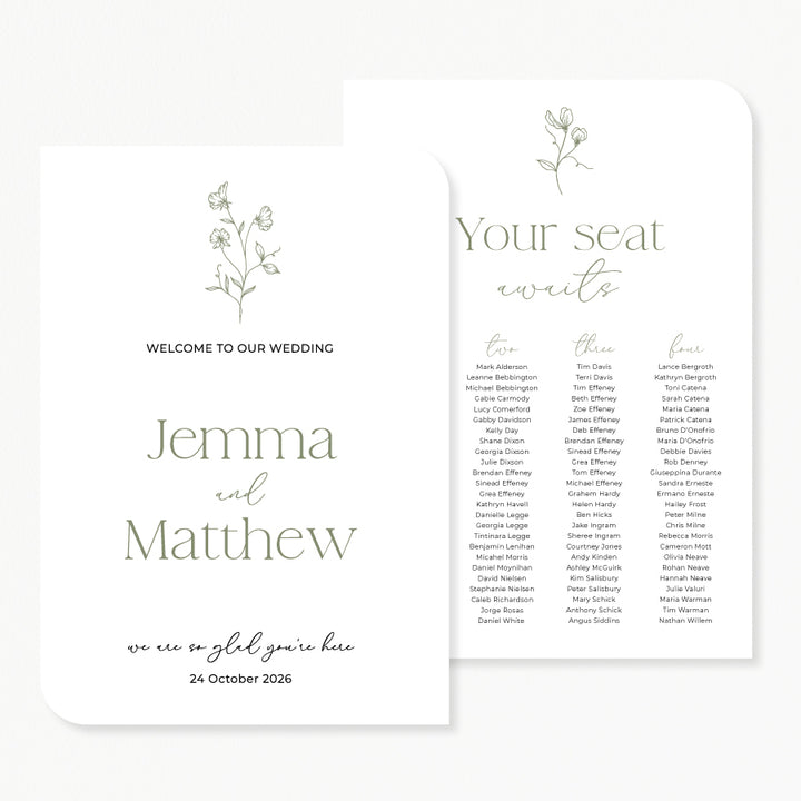 Wedding welcome sign and seating chart discounted bundle inspired by nature with hand drawn flower line art in green and white. Australia.