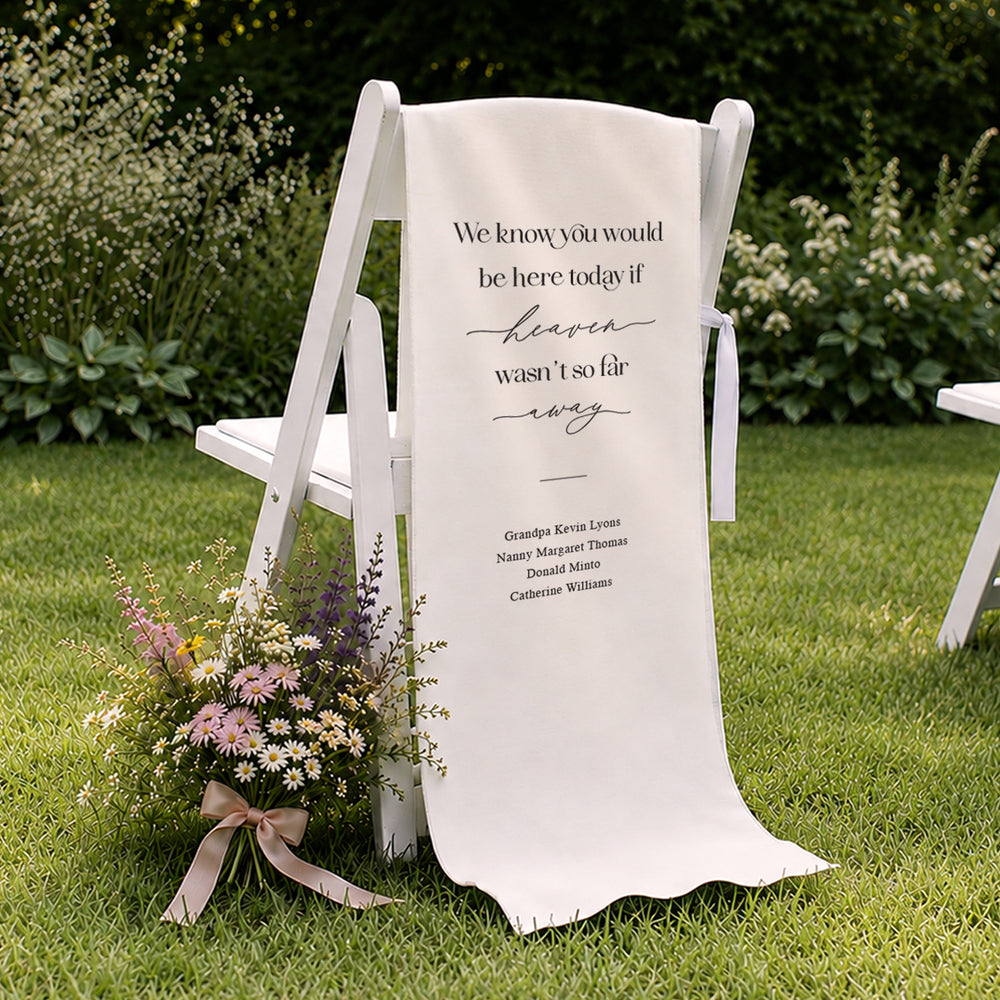 Wedding fabric In Memory sign in green on white linen. If heaven wasnt so far away wedding sign to honour loved ones.