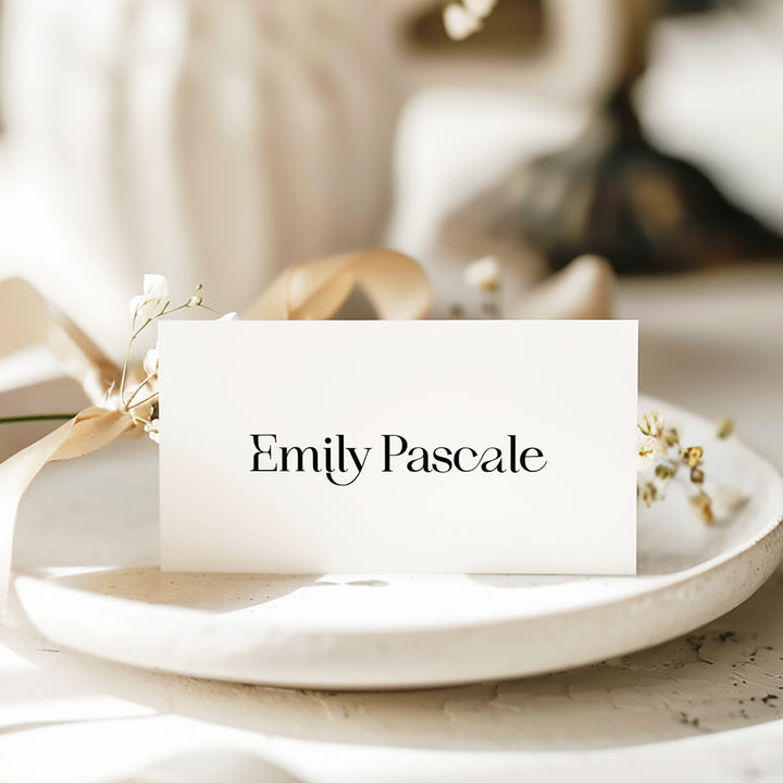 Folded tent style wedding place cards with modern typography in black and white. Peach Perfect Australia.