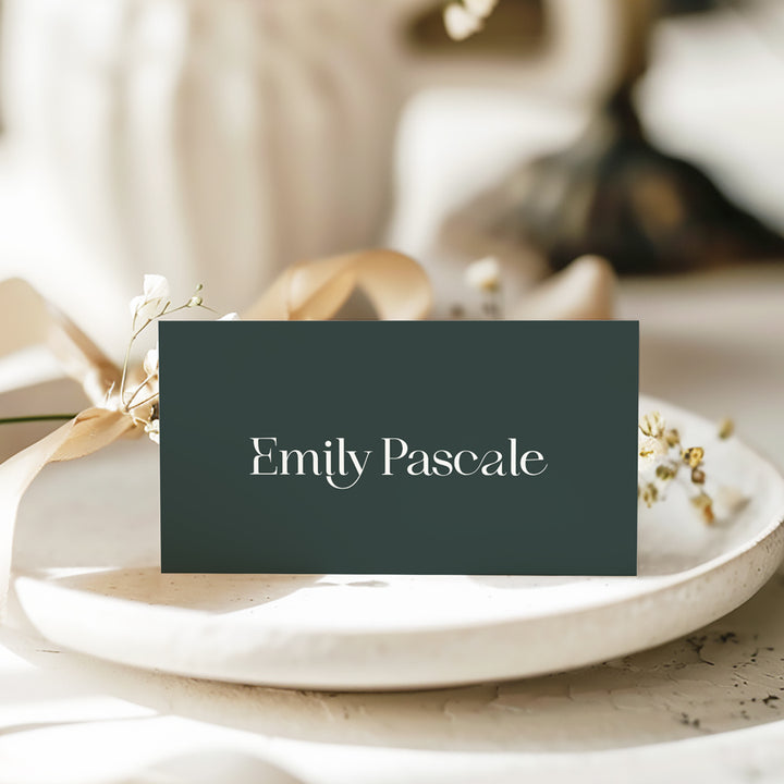 Folded tent style wedding place cards with modern typography in dark green and white ink. Peach Perfect Australia.