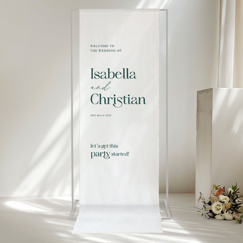 Modern typography wedding welcome sign 'Lets get this party started' heading. Printed in Australia.